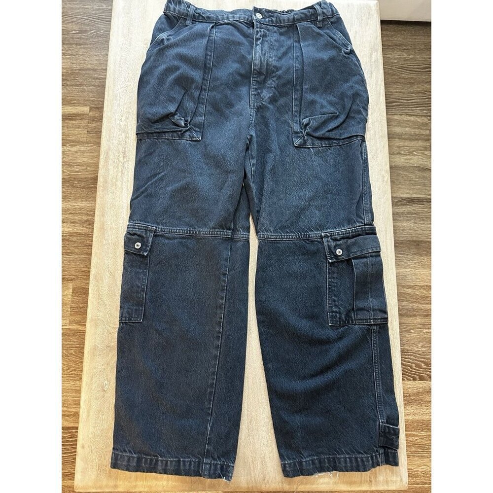 Free People Marx Slouchy Jeans Cargo Washed Black Size 29 Baggy Cinch Waist
